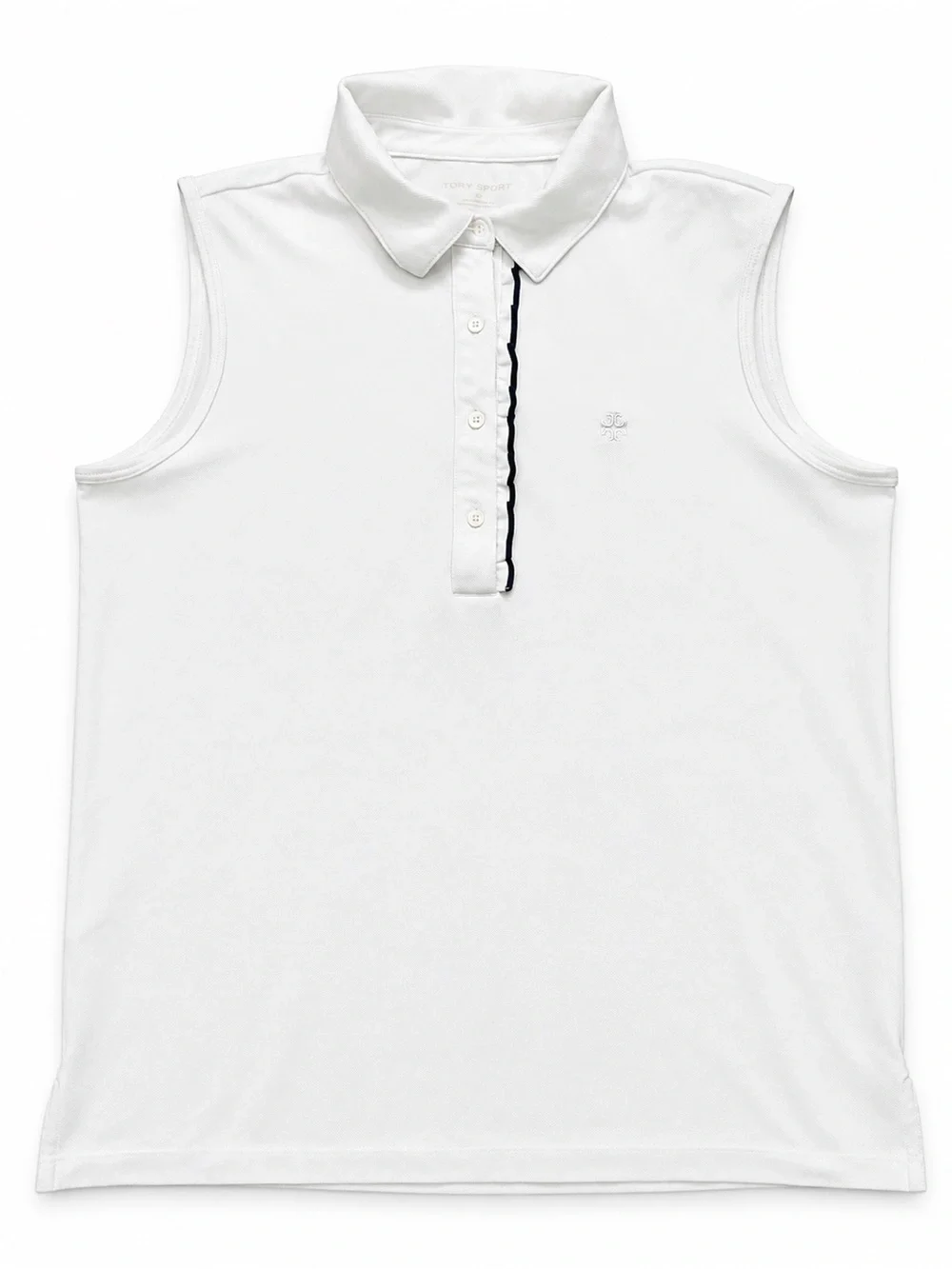 Tory Burch Tory Sport White Sleeveless Polo Top Navy Ruffle Trim Size S Athletic